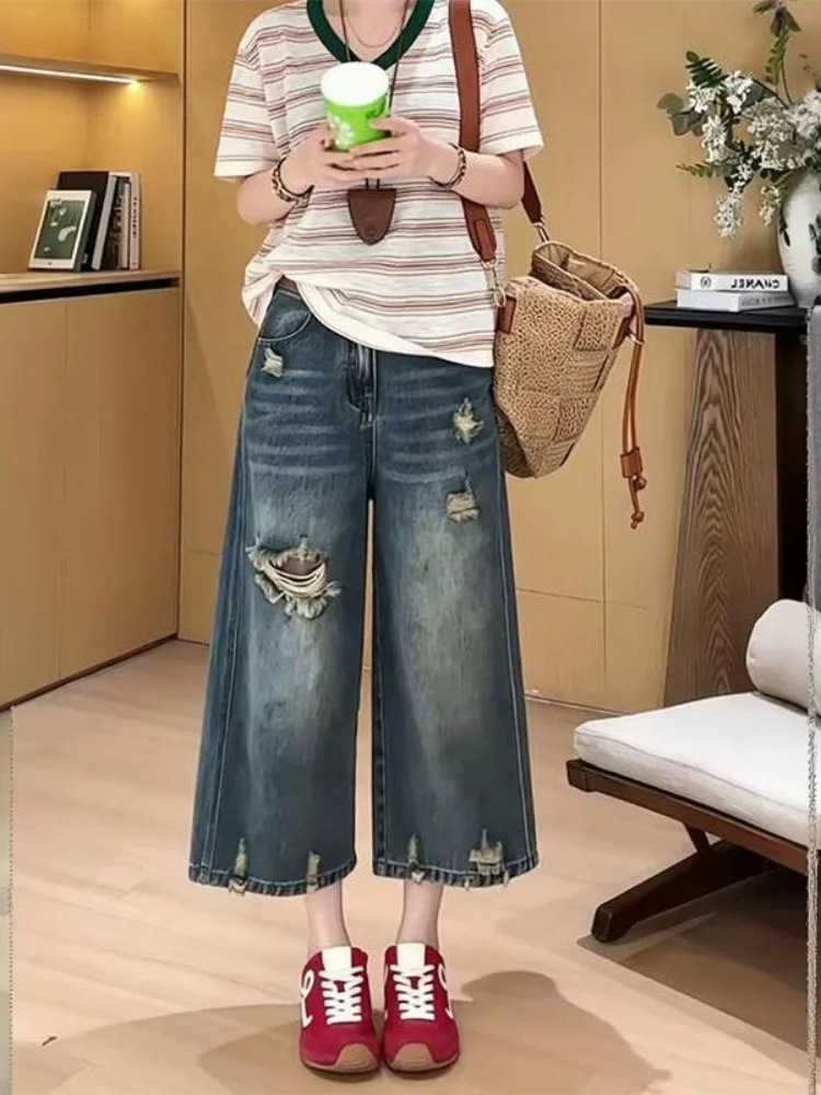 

plus Size Distressed Skinny Jeans High Waist Casual Style Women's Denim Pants Straight Leg Eighteen to Twenty Six Summer New