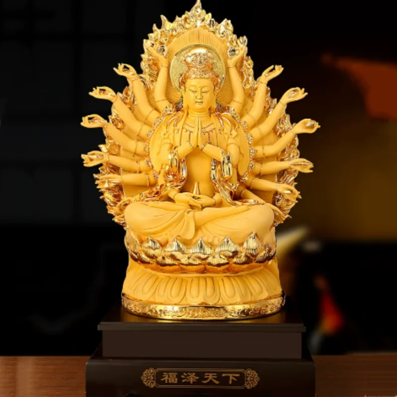 Exquisite resin carving sitting lotus Thousand Hand Avalokitesvara Bodhisattva Buddha statue ornament home offering crafts ﻿