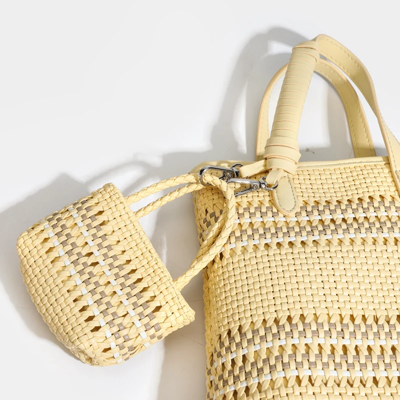 Handwoven Beach Tote Bag For Women Luxury Designer Handbag Purse 2026 New In PU Handle Hollow With Mini Pocket Underarm Shoulder