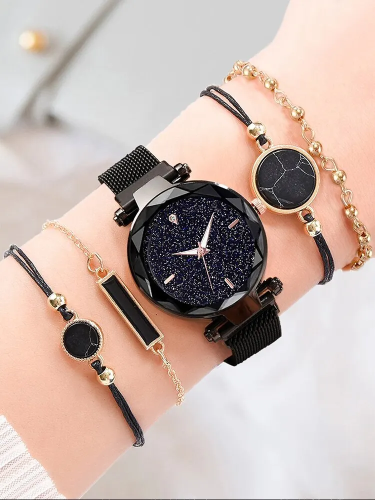 5pcs Women's Starry Sky Simple Iron Mesh with Quartz Watch+Bracelet Combination Set