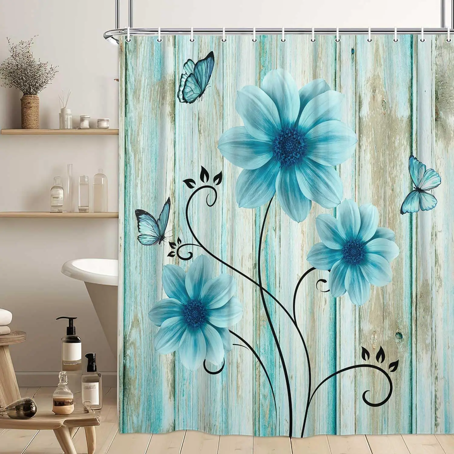

Teal Rustic Floral Shower Curtain, Retro Turquoise Flower and Butterfly Farm Wooden Decor for Bathroom, Blue Wild Daisy Flower