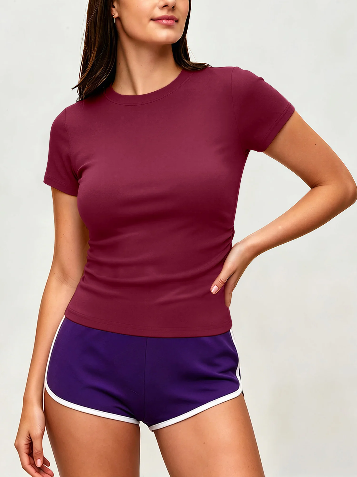Daily Commute Women Short Sleeve T‑Shirt Crew Neck Solid Side Pleated Waist Elastic Body‑Fitted Knit Simple Ladies Tops