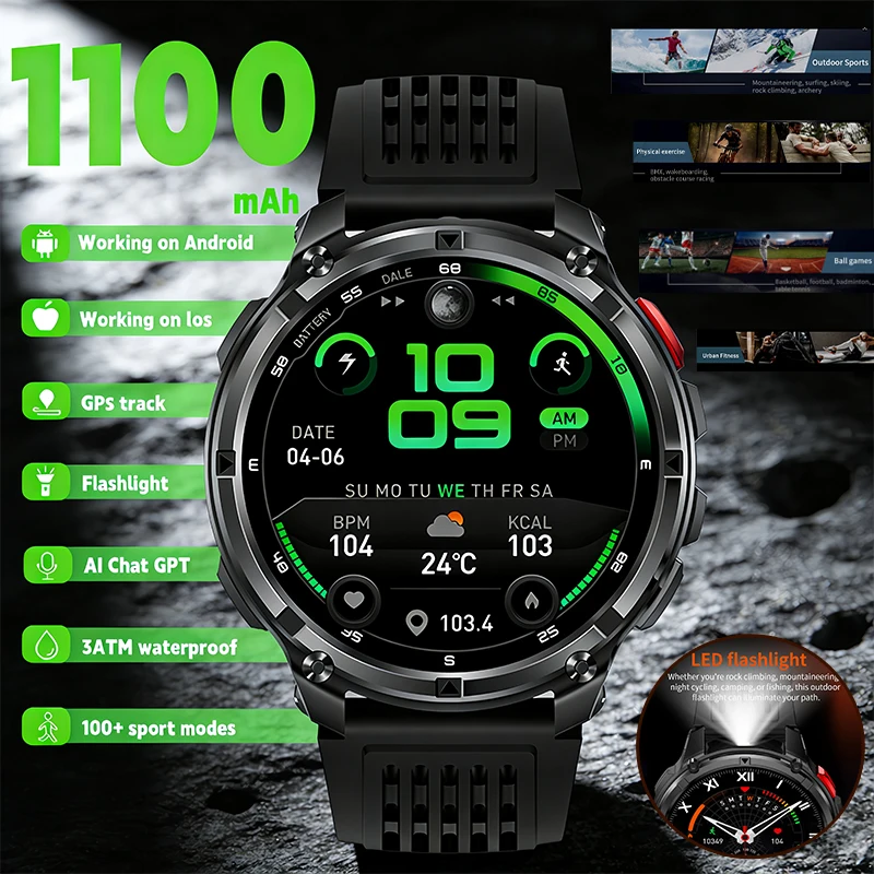 

2026 New T-REX3 1100mAh Battery SmartWatch 3ATM Waterproof GPS Bluetooth call 1.7" AMOLED HD Sports Flashlight Smart Watch Men