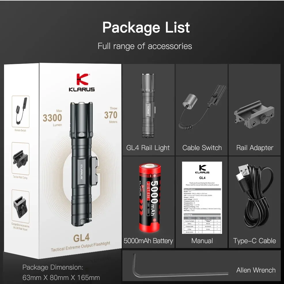 Klarus GL4 Tactical Rechargeable 3300Lumens Flashlight Weapon Light with Removable Slide Rail Mount Remote Switch 21700 Battery
