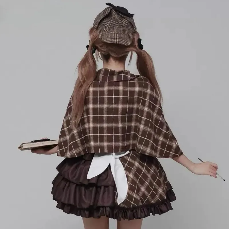 

Original Maid Outfit Anime Cosplay Gothic Oversize Retro British Style Plaid High Waist Short Dress and Cloaks Sweet Girls Set