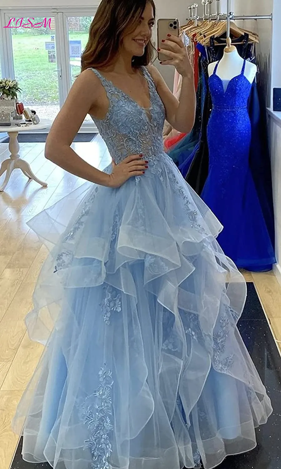 Princess Prom Dresses Women Elegant Long Fluffy Layered Ball Gowns Formal Evening Dress V-Neck Tulle Lace Applique Party Gowns