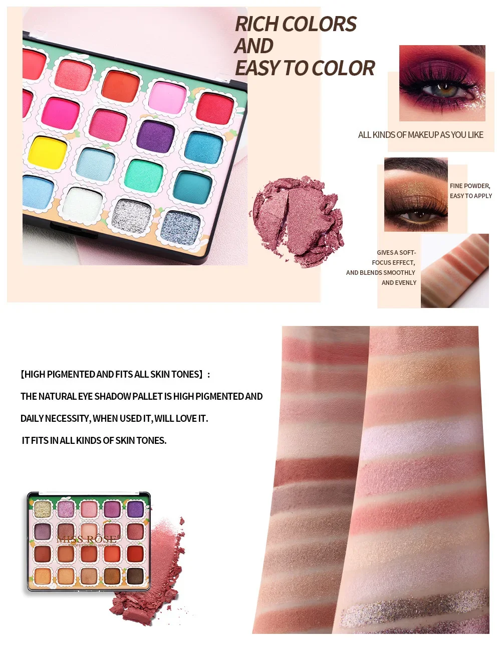 Alta qualidade miss rose 20 cores diamante nude paleta de sombra compõem pigmento sedoso-liso fosco shimmer sombra de olho cosméticos