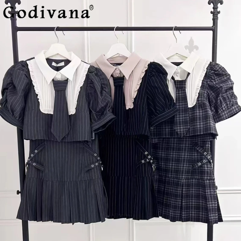

2025 Japanese New Mine Sweet Mini Stripe Skirt Set Summer Girl's Women's Puff Sleeve Top Skirt 2 Piece Sets Women's Outfits