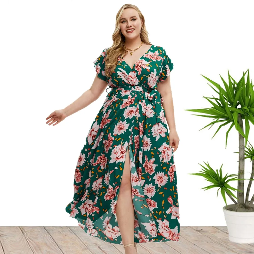 2023 Summer New Hot Sale European And American Style Plus Size Sexy V-Neck Short Sleeve Print Slit Dress For Women