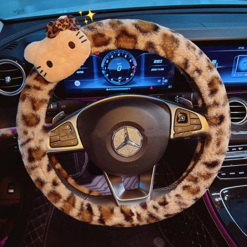 Hello Kitty Car Steering Wheel Cover Handlebar Cover Doll Plush Non-Slip Warm Leopard Print Cute Cartoon Car Accessories Gift