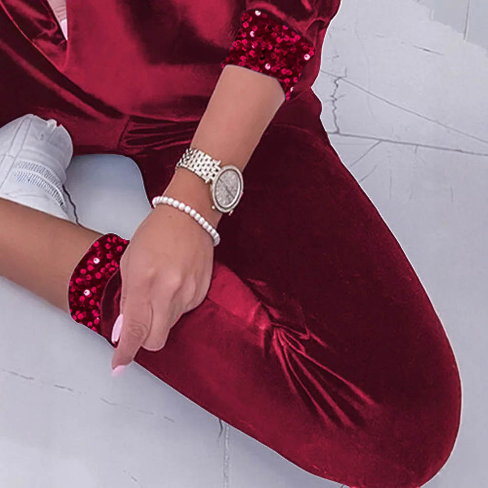 여성 2피스 의류 세트 벨벳 스티칭 스팽글 V넥 긴팔 루즈핏 탑 스웨트셔츠 & 슬림 하이웨이스트 팬츠 레깅스