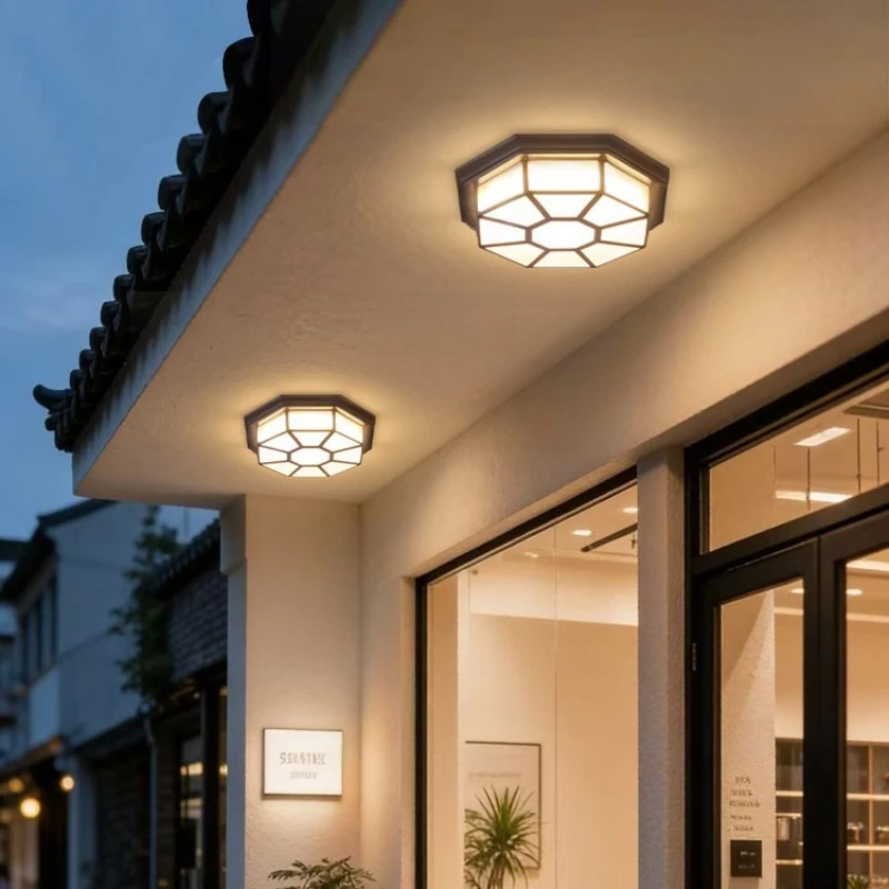 Outdoor Glass Balcony Hallway Ceiling Lights Retro Outdoor Waterproof and Moisture-proof LED Octagonal Ceiling Lamps