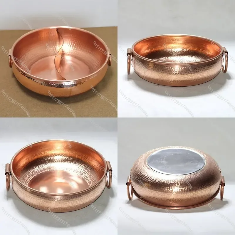 Thickened Pure Copper Hammered Soup Pot with Hanging Ring Induction Compatible Drum Shape Mandarin Duck Design for Stew