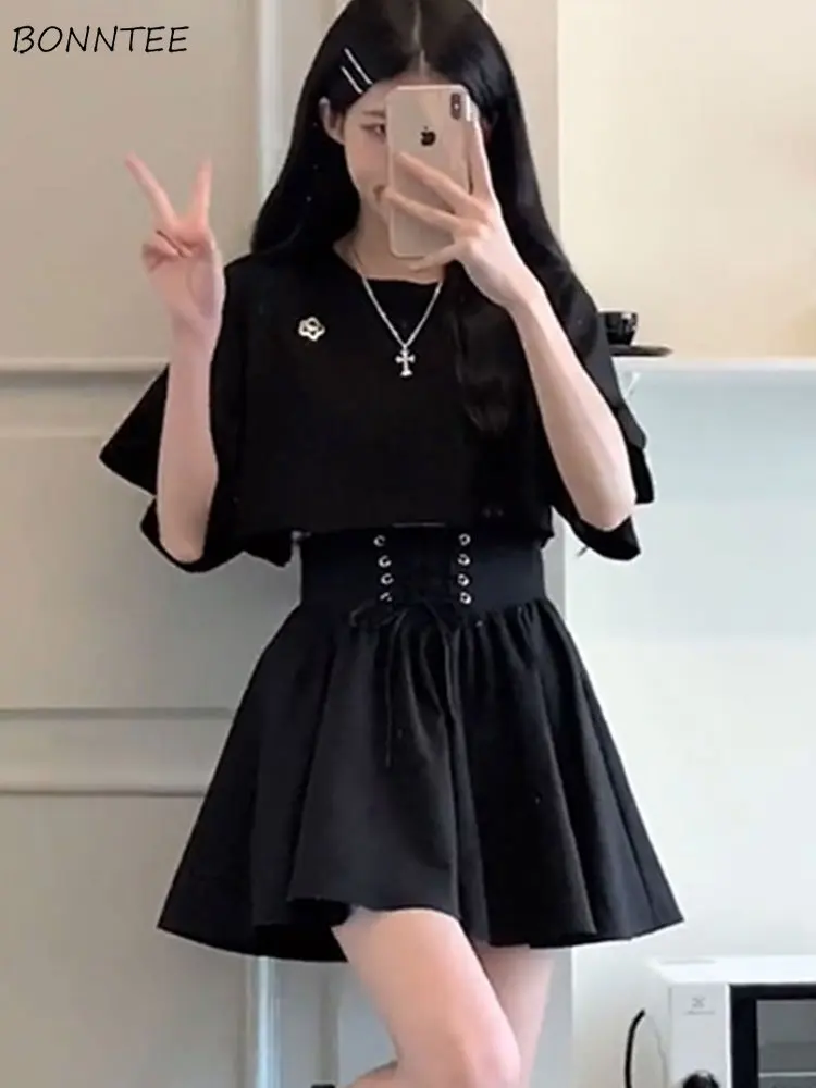 T-shirt Sets Women Minimalist Skirt High Waist A-line Tender All-match Casual Korean Style Summer Popular Students Elegant New