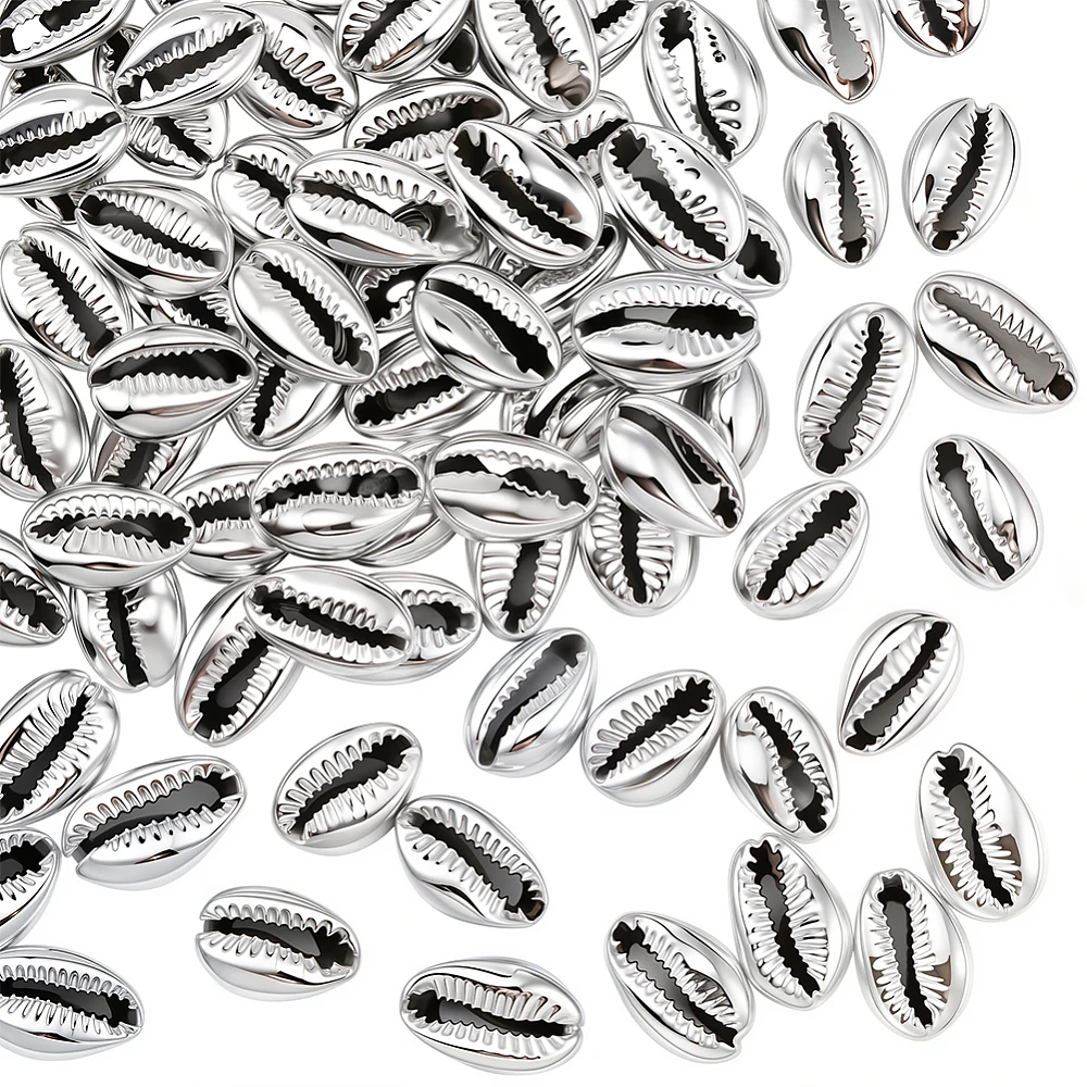 1 Box 80PCS Silver Electroplated Cowrie Shells Beads with Holes Seashell Summer Sea Hawaii Ocean Theme Spacer Loose for Jewelry