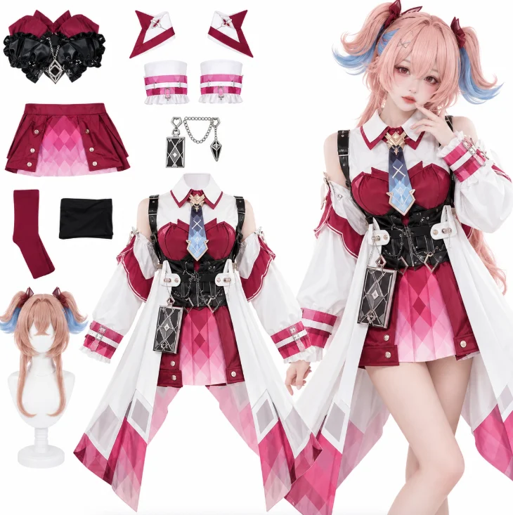 リネア、アニメゲーム「原神」をテーマにした中国風ファンドレス、ピンク、かわいい、ウィッグ、スイートロリータ、y2k、ハロウィンパーティー用コスチューム。