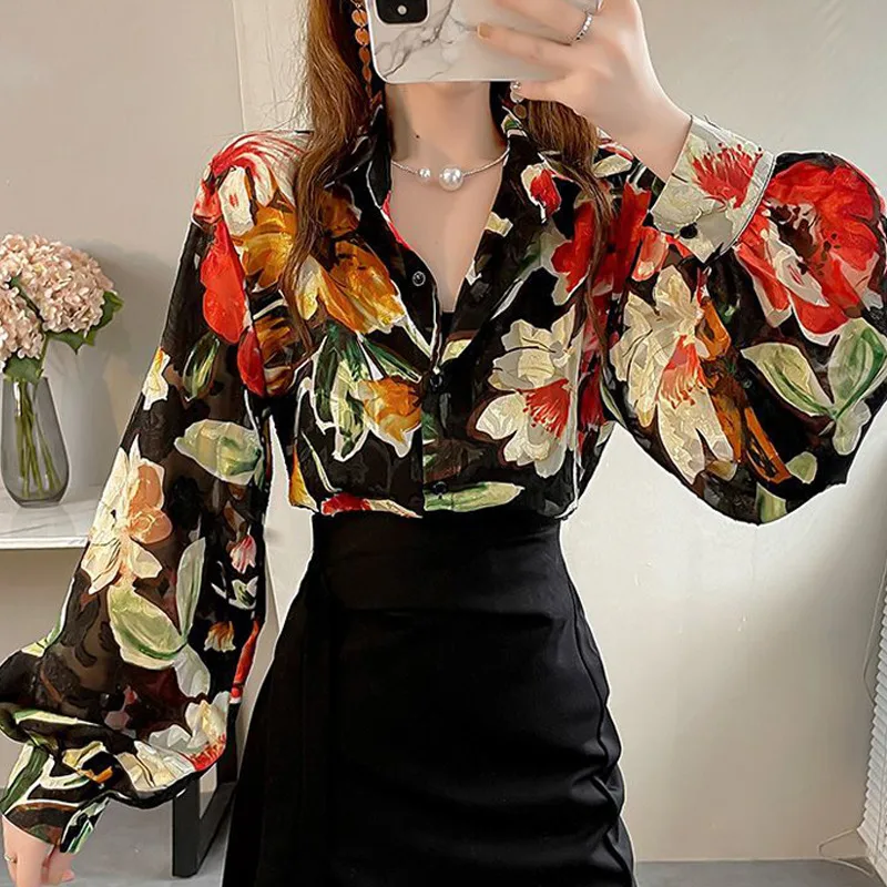 Vintage floral impresso comute senhoras festa blusas topos primavera outono feminino elegante lanterna manga longa botão solto até camisa