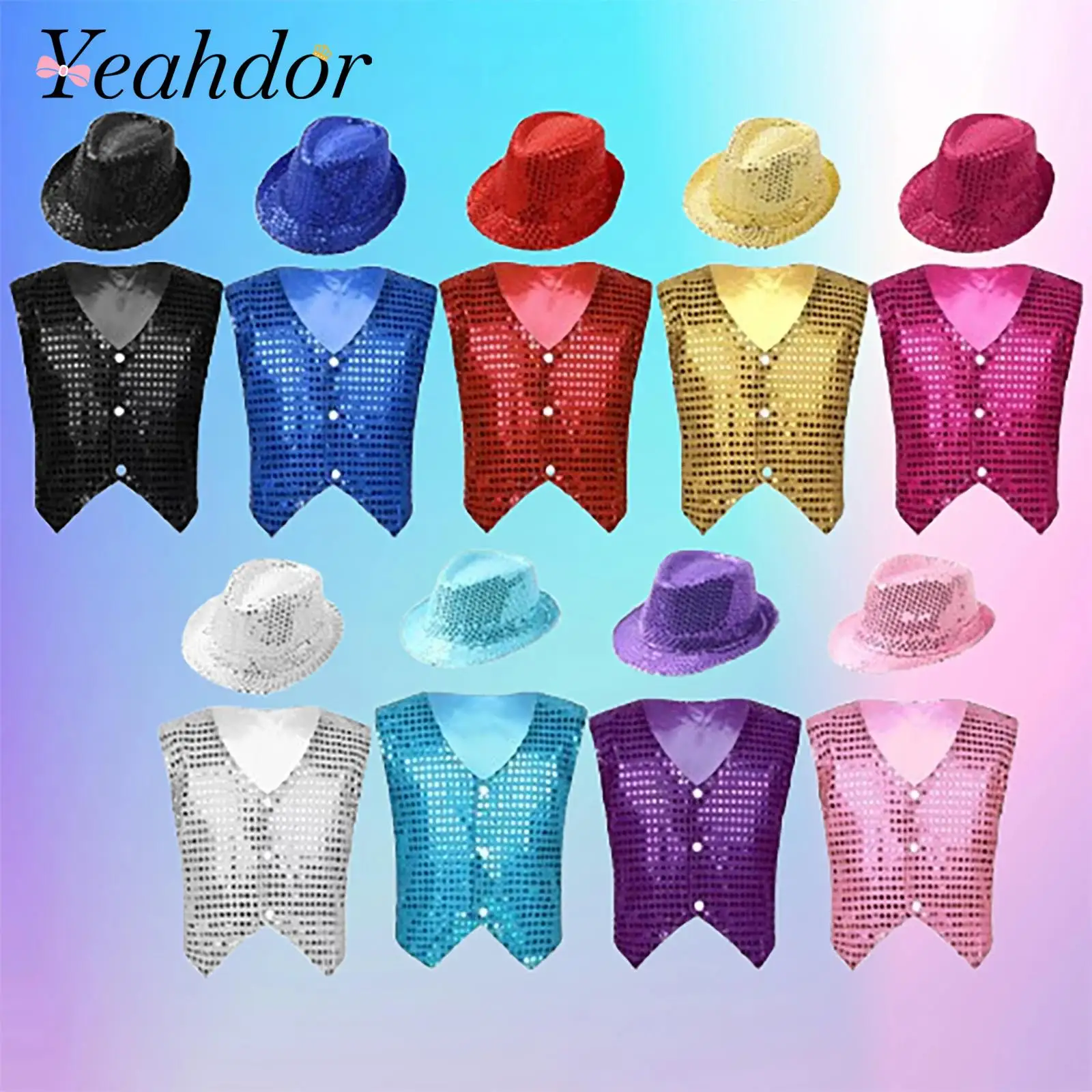 Kids Boys Glittery Sequins Performance Outfit Sleeveless Vests Waistcoat with Hat Child Hiphop Clothes Choir Jazz Dance Costume