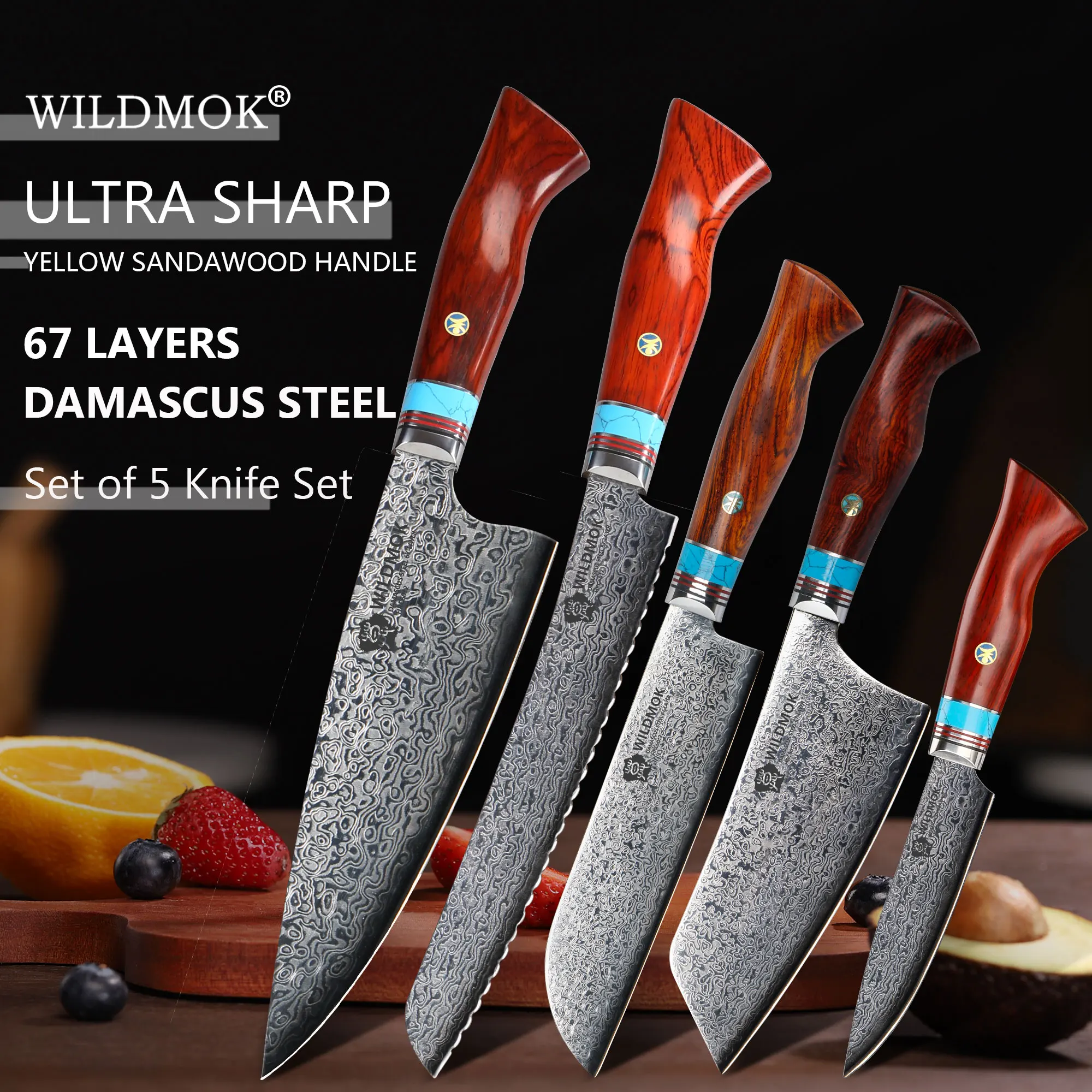 WILDMOK Forged Damascus Steel Chef Knife Set,Yellow Sandalwood Handle,Handmade Kitchen Knife for Meat Vegetable Food Preparation