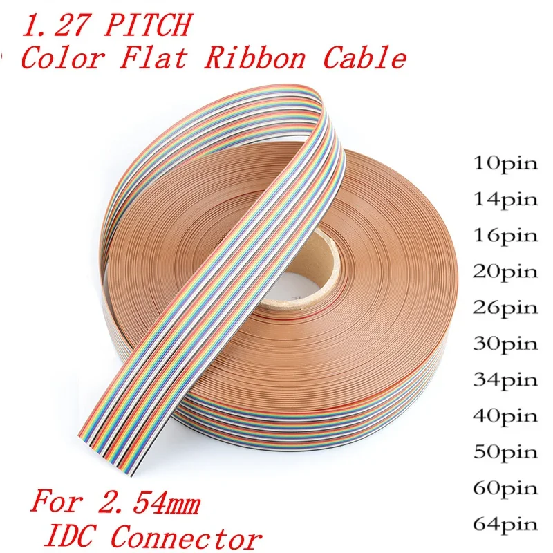 Length 1m Colorful 1.27mm Spacing Pitch Cable 10/14/16/20/26/34/40/50/60/64 Pin Flat Rainbwo Ribbon Cable Wire