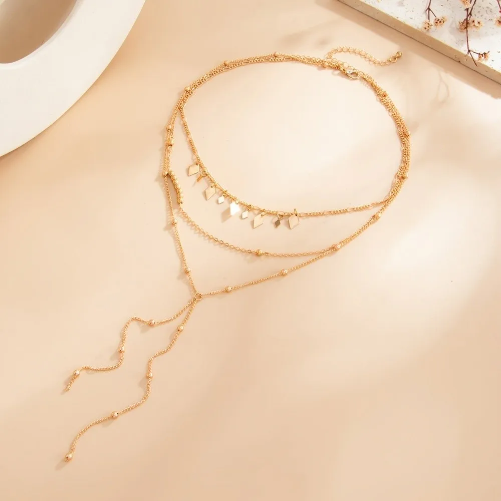 Ins Style Multi Layer Choker Rhombus Sequins Thin Bead Link Layered Chain Stack Wear Slim Drop Pendant Party Match