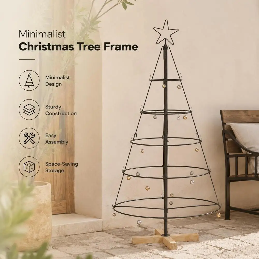 Albero di Natale in metallo nero, 125 cm, con rivestimento in polvere, base in legno di pino massiccio, 63,5x125 cm, design a più livelli, decorazione natalizia per interni ed esterni protetti