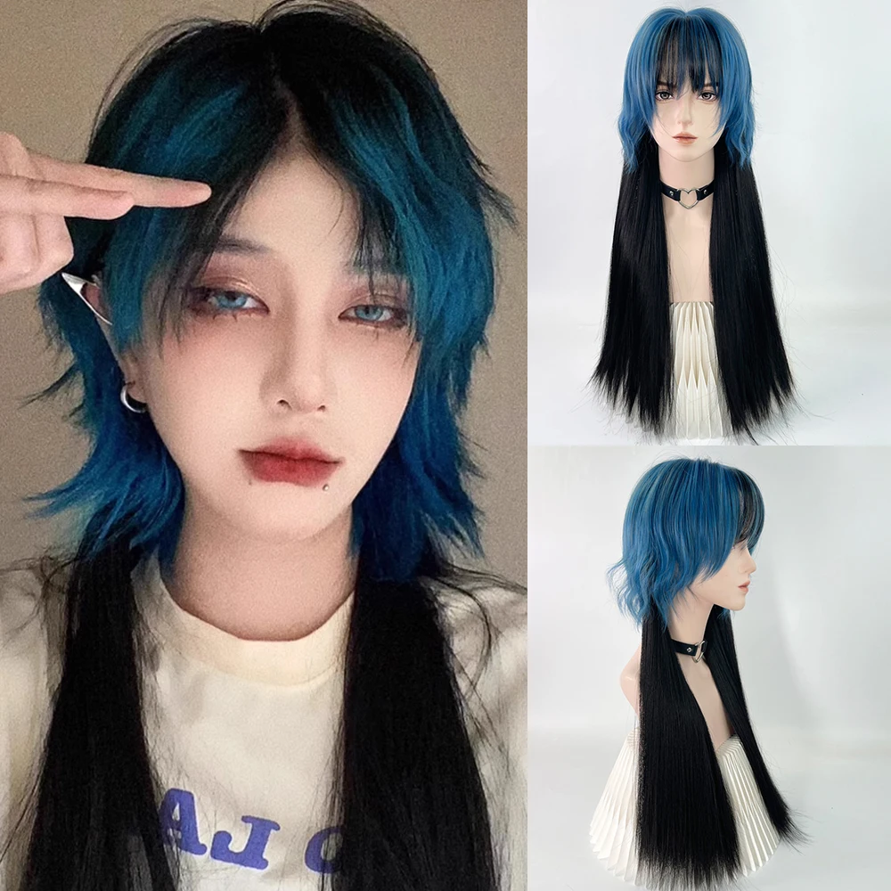 

Synthetic Long Straight Black Mixed Blue Mullet Head Wigs with Bangs For Woman Daily Cosplay Party Realistic Fake Hair