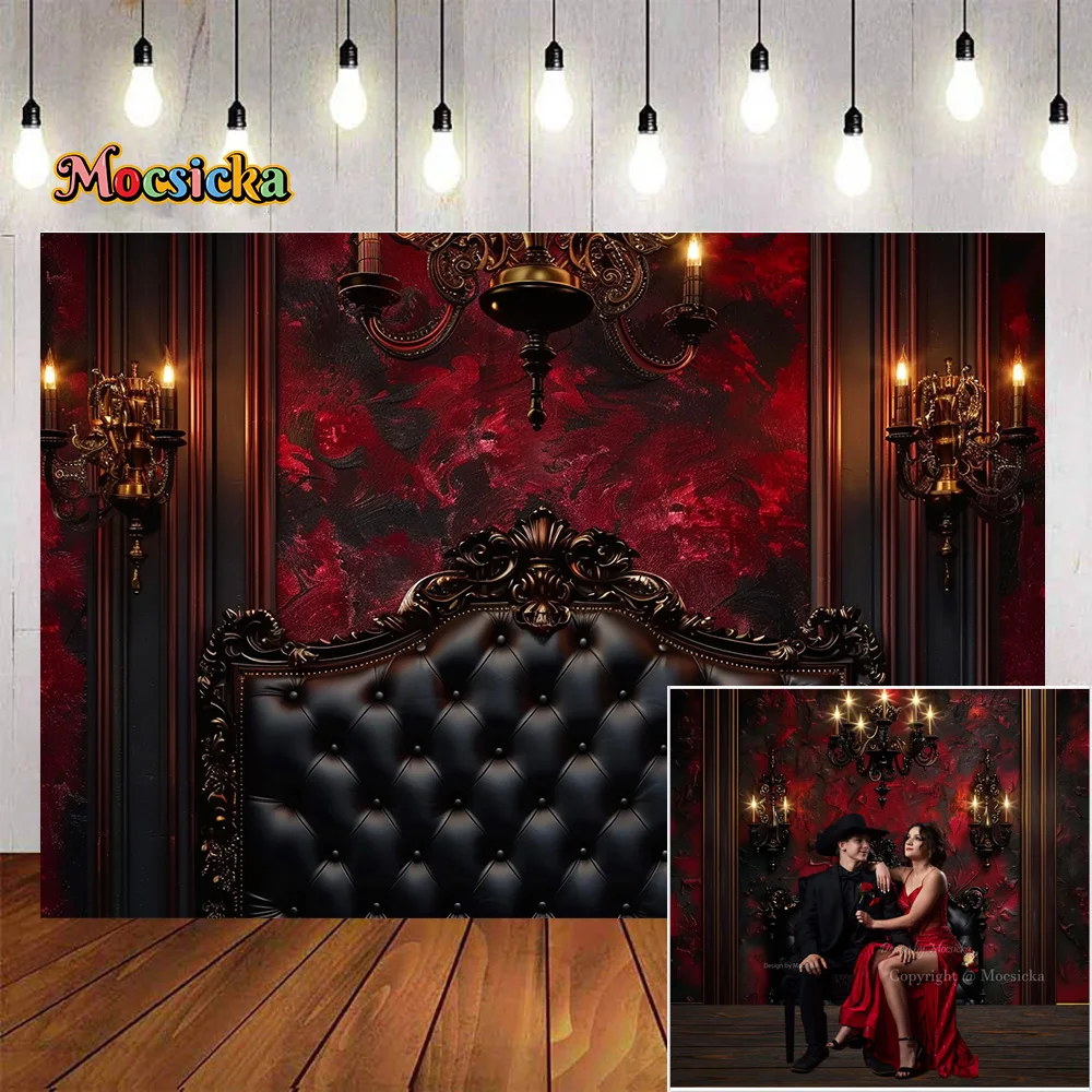 Red Wall Photography Background Boudoir Black Headboard Retro Chandelier Backdrop Decor Wedding Birthday Portrait Photo Studio