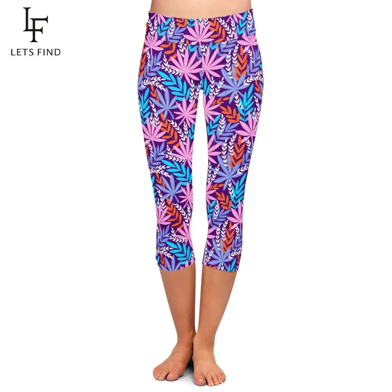 Letsfind verão nova casual feminina calças capri moda cintura alta folha imprimir meados de bezerro leggings venda quente