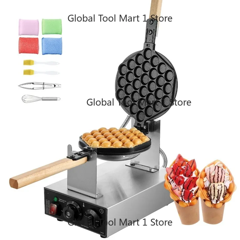 

Commercial Egg Bubble Waffle Maker 1400W Non-Stick Stainless Steel Bubble Puff w/180° Rotatable 2 Pans & Wooden Handles
