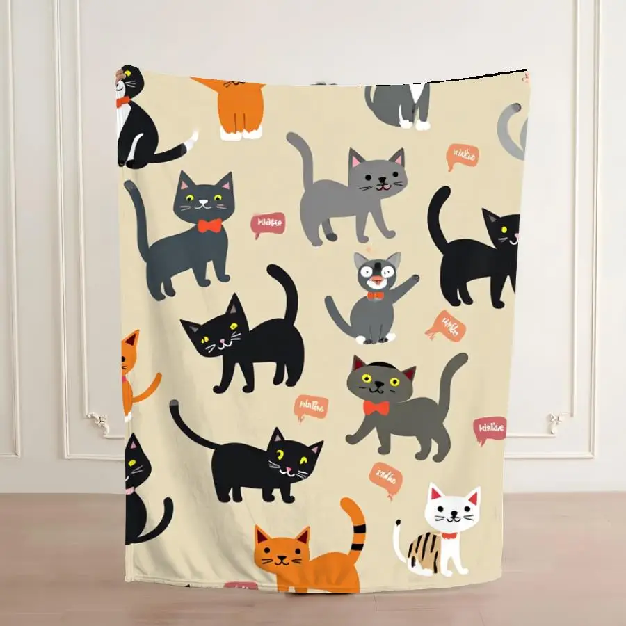 Adorable Cartoon Cat Pattern Flannel Blanket, Soft Beige Throw with Playful Feline Doodles and Accessories, Machine Washable Home Decor for All Seasons, Ideal Cozy Gift for Cat Lovers Weighted Blanket 280GS | Funny Blanket