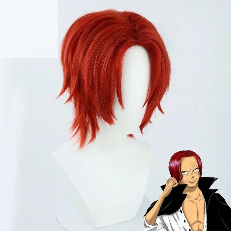Shanks Peluca de cosplay de longitud media, parte lateral roja vino, en capas, rizada, ajuste universal
