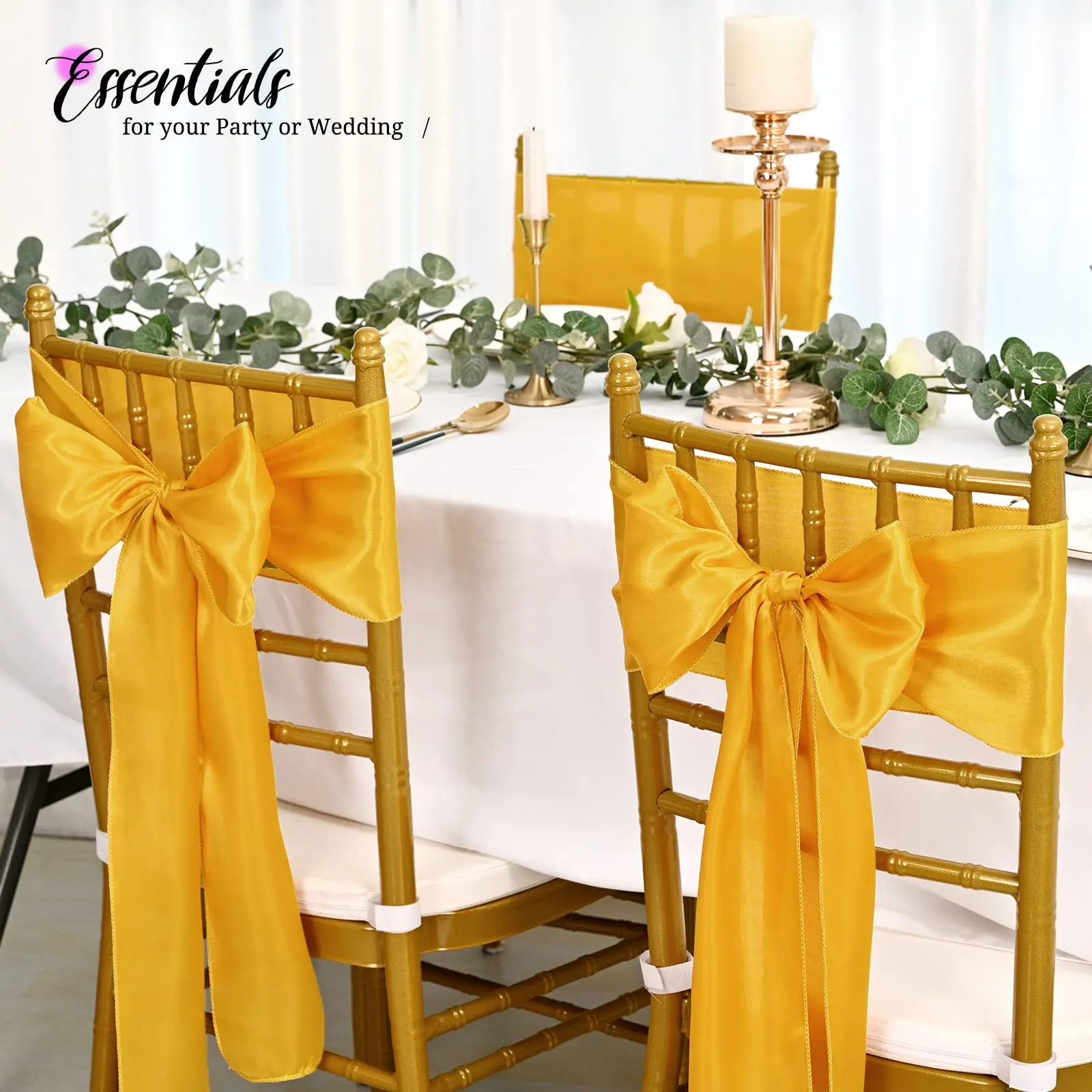 Wholesale 10/50pcs Gold Satin Chair Bow Sashes Wedding Chair Knot Ribbon For Party Event Hotel Banquet Supplies Home Decorations