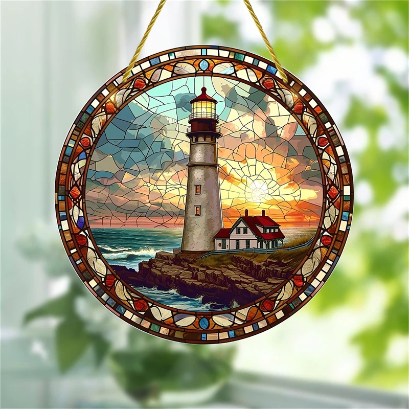 Lighthouse Acrylic Suncatcher Glass Round Sign for Home Living RoomDecor Stained Window Hanging Pendant Wall Art Ornament Plate