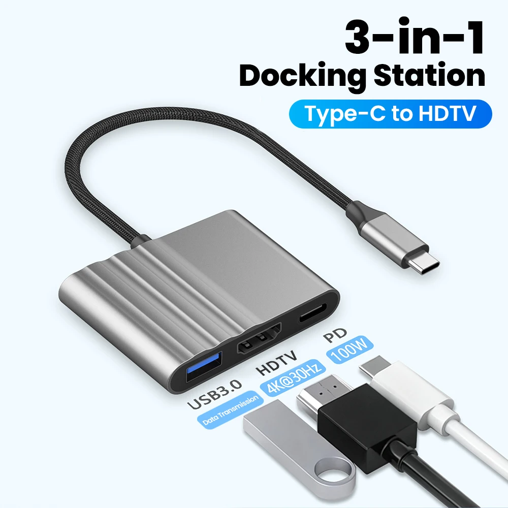 USB3.0 3In1 USB C Hub 100W Schnellladung Typ C auf HDTV-kompatibler Adapterkabelkonverter Geeignet für Samsung Huawei Xiaomi PC
