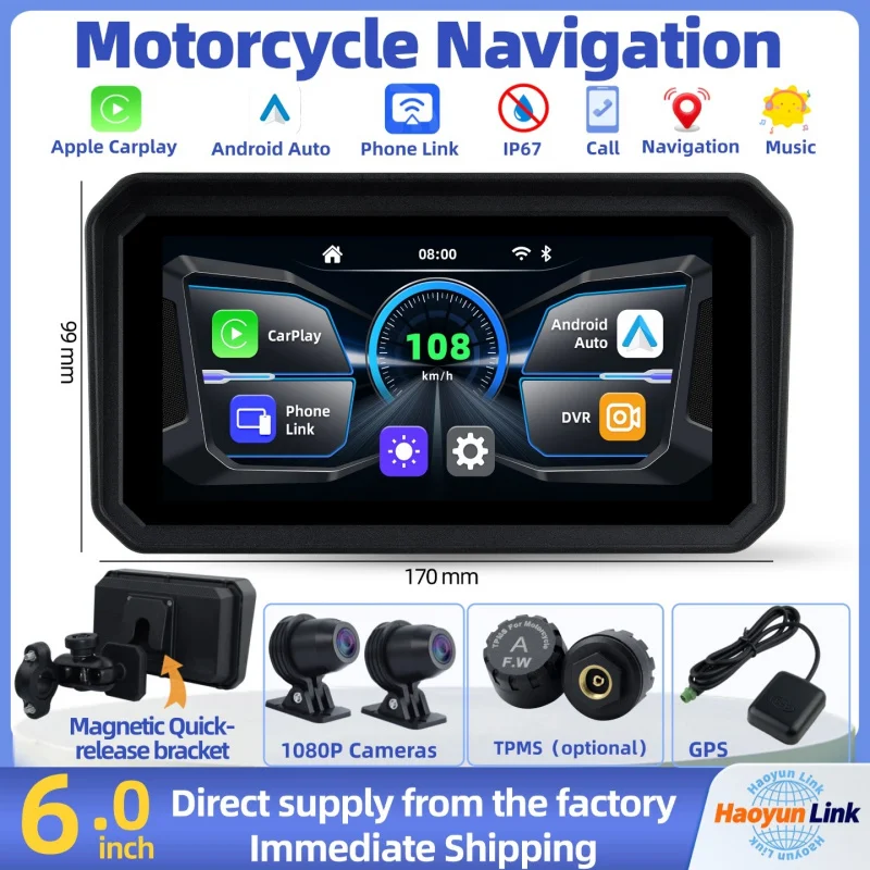 6.0Inch Motorcycle Navigation Screen，CarPlay  Support1080p DVR，TPMSOptional，With quick-release bracket