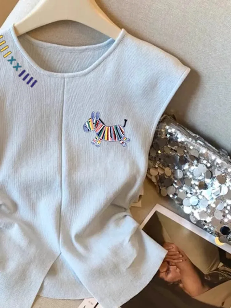 Top Curto F Estilo Coreano com Bordado de Cavalo Arco-Íris de Verão, Regata Linda Sem Mangas, Gola Redonda e Caimento ...
