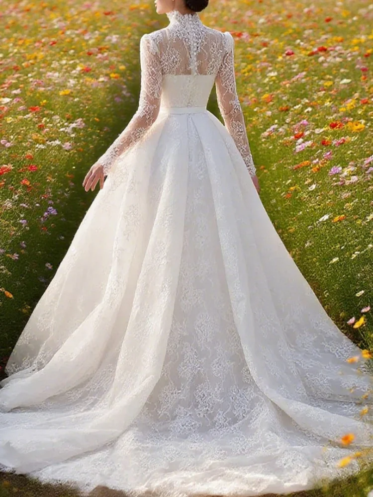 تخصيص أنيقة الخامس الرقبة الدانتيل الكامل الأكمام الطويلة ألف خط فستان الزفاف السعودي للعرائس فساتين الزفاف