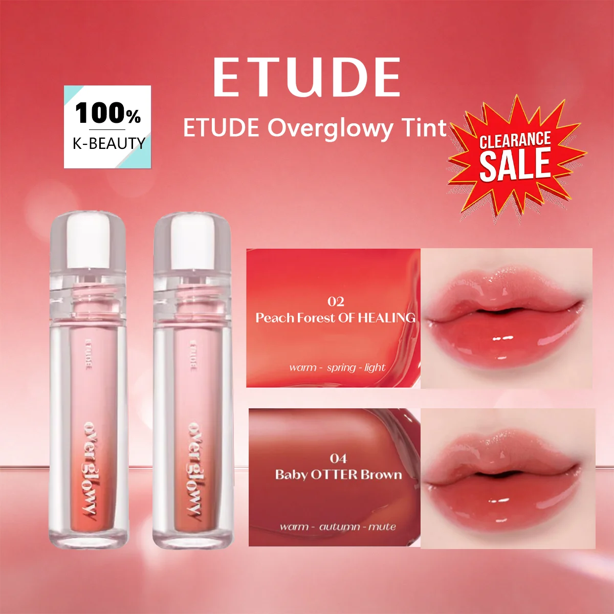 [ClearanceSale] ETUDE Overglowy Tint 02&04,Dewy Radiant Finish,Plump Shiny Lips,Non Sticky Gloss,Korean Cosmetic,Korean Makeup