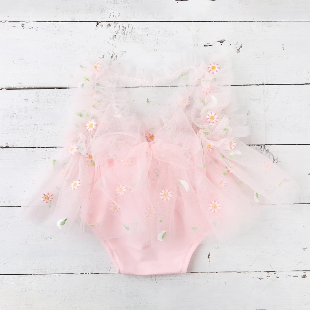 Baby Girl Newborn Photography Props Tutu Ruffle Skirt Daisy Embroidery Tulle Dress Soft Infant Photo Shoot Outfit