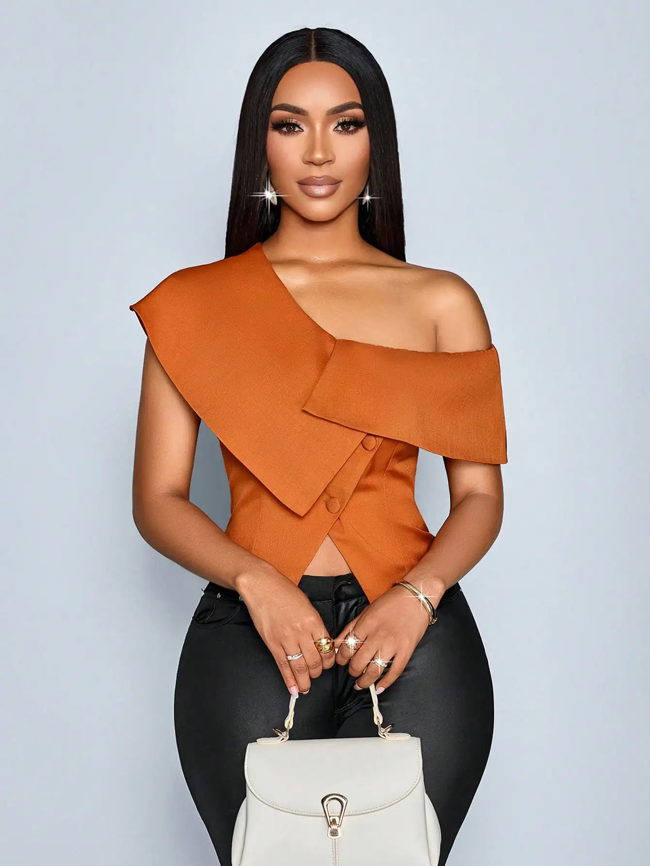 

Женская блузка с открытыми плечами, асимметричная, на одной пуговице, для весенне-летнего повседневного офисного гардероба