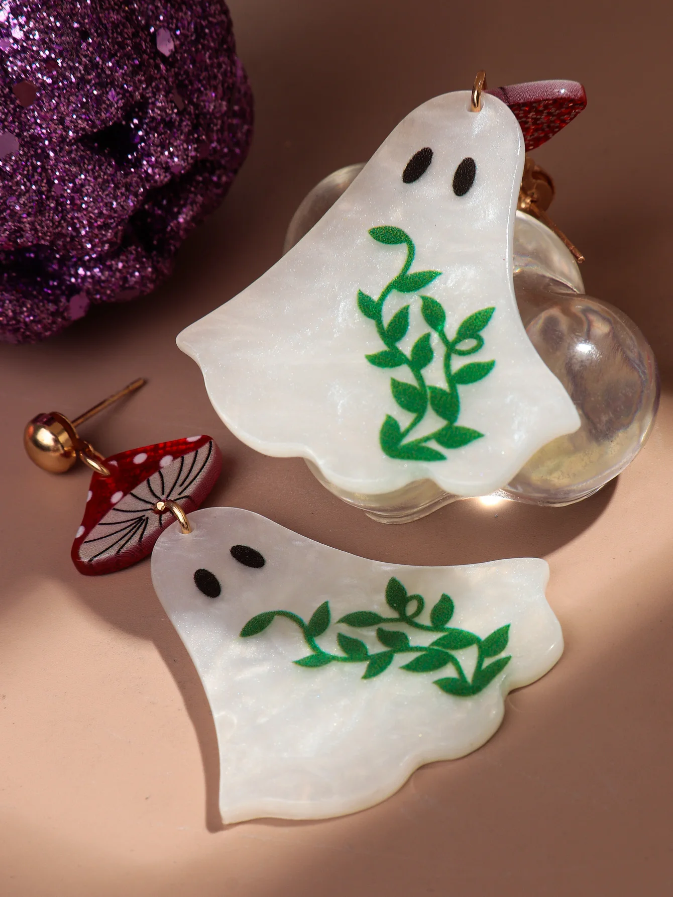 Halloween Cute Mushroom Ghost Acrylic Earrings for Women New Lovely Cartoon Spooky Green Leaves Drop Earring Party Jewelry Gifts