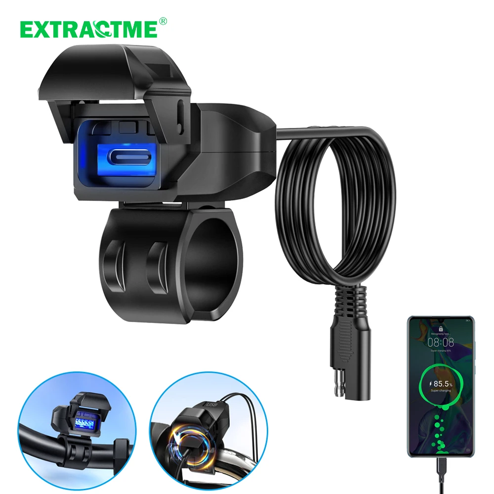 Extractme Motorcycle USB Charger SAE to USB Adapter Waterproof Automatically ON/Off Switch DC 9V-24V USB C Motorcycle Charger