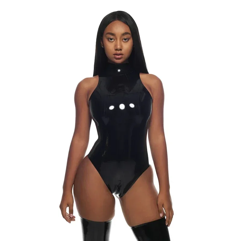 Sexy Sleevess Faux Latex Bodysuits Women Wet Look Patent Leather Bodysuits High Neck Stretch PU Bodycon Bodyduits Clubwear New