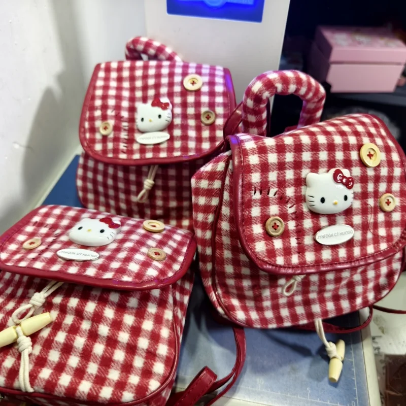 Hellokitty Bag Kt Cat Retro Cute Plaid Twin Shoulder Small Backpack Female Student Commuting Christmas Gift Birthday Gift In Sto