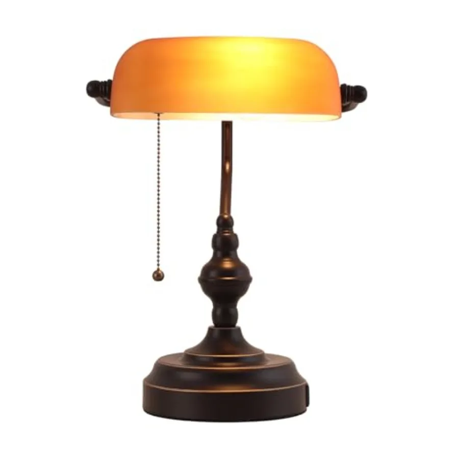 

Bankers Desk Lamp with USB A and Type C Charging Port, Vintage Banker's Desk Lamp with Pull Chain Switch, Library Lamp for Offi