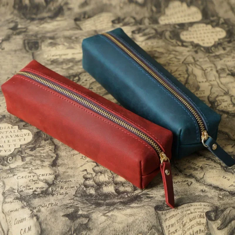 Handmade Leather Zipper Pencil Case Office Student Pen Storage Box Simple Large Capacity Stationery Bag