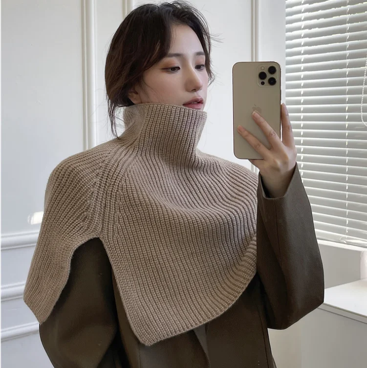 Poncho tricoté pour femmes, écharpe de cape, vêtements d'extérieur, pull-over col, couleur unie, manches de cou, tricoté, petit châle, printemps automne B1