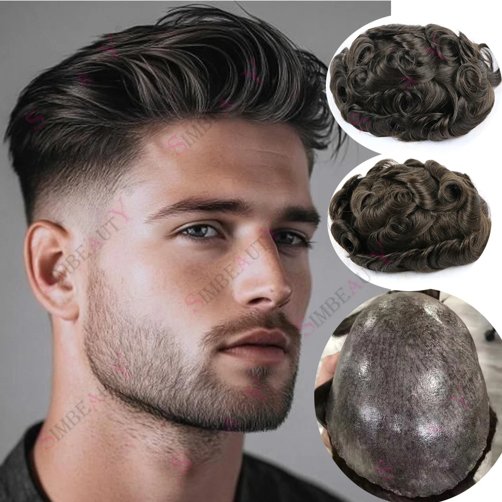 

Men's Natural Hairline #2 #3 Toupee Super Durable Full PU Base Male Human Hair Wig Grey Brown Microskin Man Hair System Prosthes