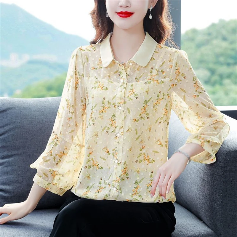 Women Clothes Ruffle Floral Print Elegant Button Up Shirt Summer Korean Fashion Long Sleeve Blouse Chic Slim Tops Female Blusas